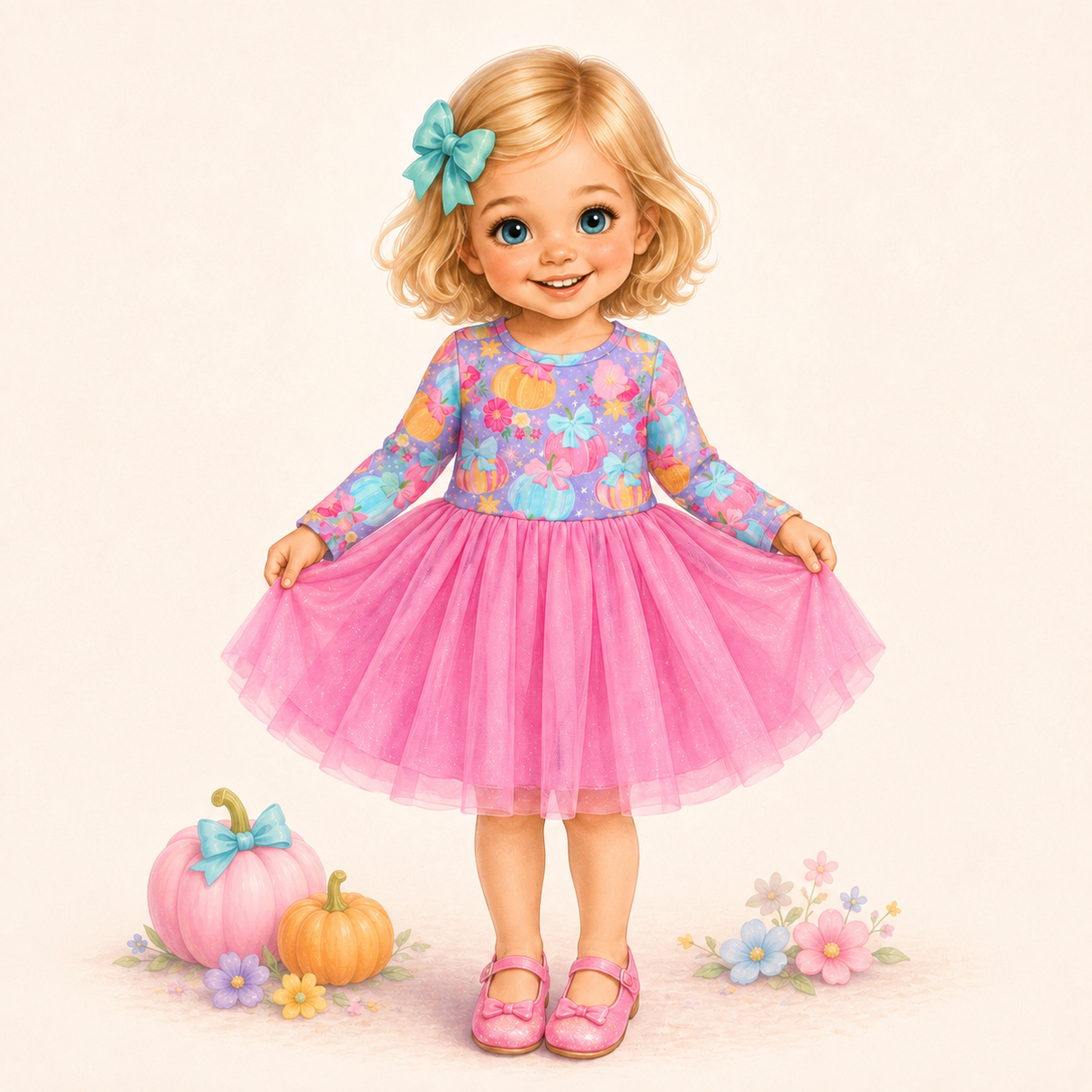 Storybook girl modeling a pastel pumpkin dress with a pink tulle skirt in a soft autumn scene.