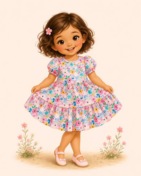 Illustrated girl wearing a short puff sleeved pink dress with an allover colorful flowers print