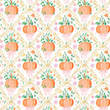 A repeating autumn-themed pattern featuring orange pumpkins, pink bows, small flowers, green leaves, and gold chain links on a white background.