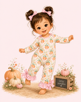 Illustrated toddler modeling a cream pumpkin-print footless onesie with orange pumpkins, green leaves and pink ruffled cuffs.