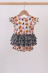Back view of baby Halloween bubble with pumpkin and witch print, black gingham ruffles and flutter sleeves.