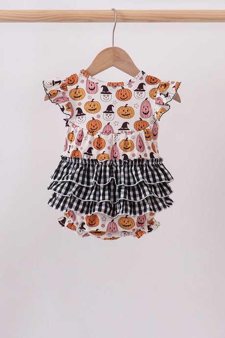 Back view of baby Halloween bubble with pumpkin and witch print, black gingham ruffles and flutter sleeves.