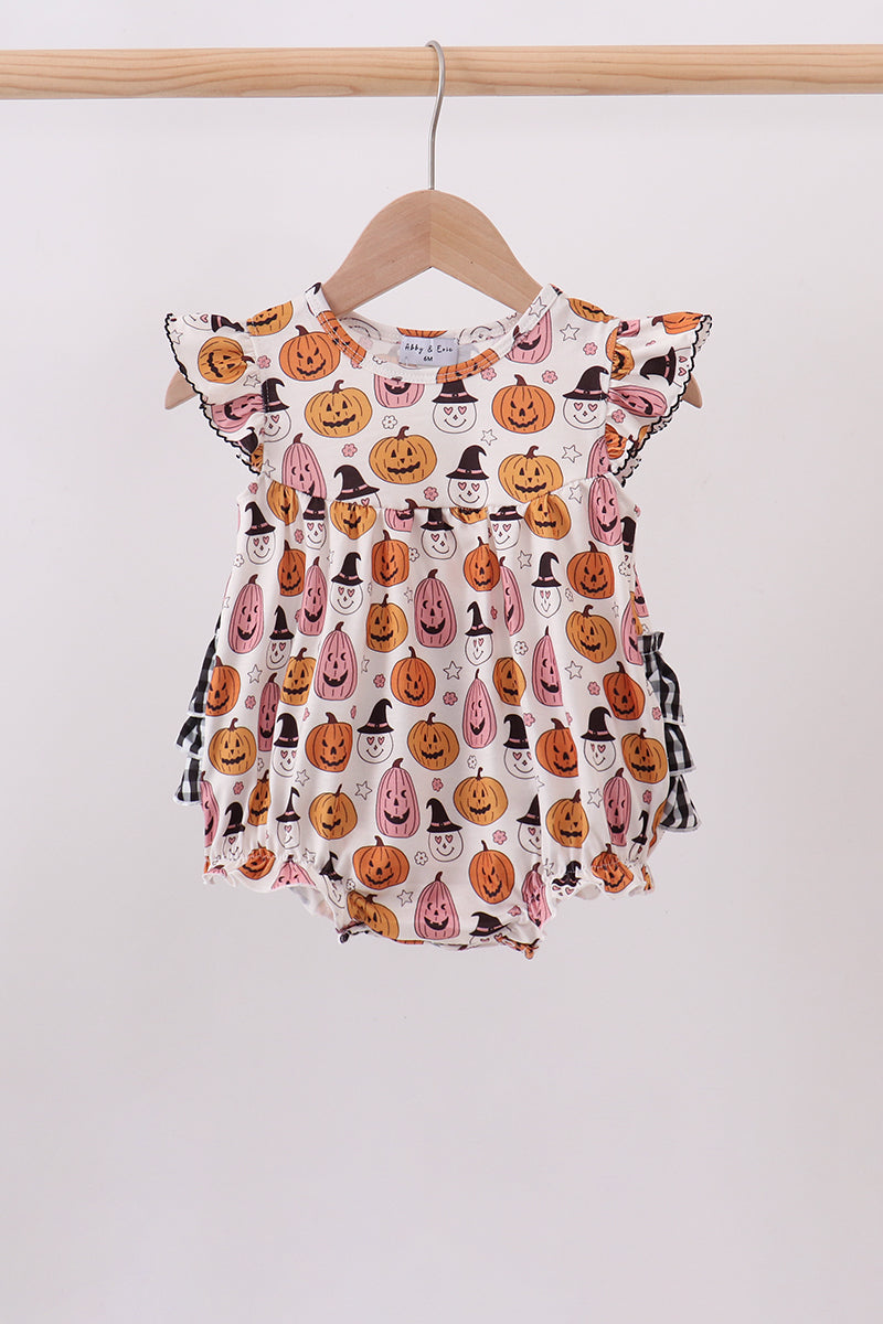 Baby bubble with pink and orange jack-o’-lanterns, little witches, flutter sleeves and black gingham side bows.