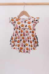 Baby bubble with pink and orange jack-o’-lanterns, little witches, flutter sleeves and black gingham side bows.