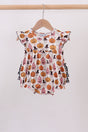 Baby bubble with pink and orange jack-o’-lanterns, little witches, flutter sleeves and black gingham side bows.