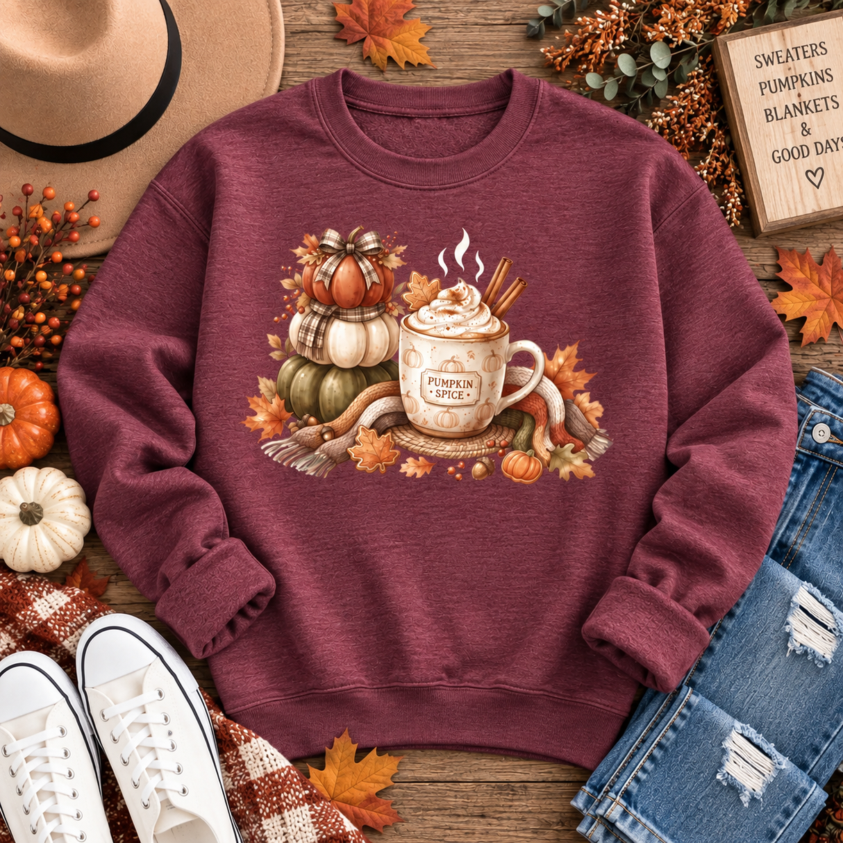 Heather maroon crewneck sweatshirt with stacked pumpkins, a pumpkin spice mug, cinnamon sticks, fall leaves, berries and cozy plaid accents.