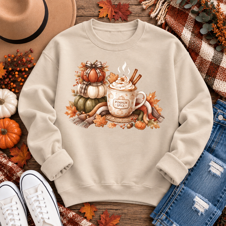 Sand crewneck sweatshirt with stacked pumpkins, a pumpkin spice mug, cinnamon sticks, fall leaves, berries and cozy plaid accents.