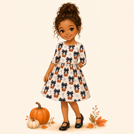 Storybook girl modeling a cream pumpkin-and-bow Halloween dress with black Mary Janes and simple fall accents.