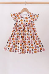 Girls’ cream twirl dress with pink and orange jack-o’-lanterns, little witches and flutter sleeves.