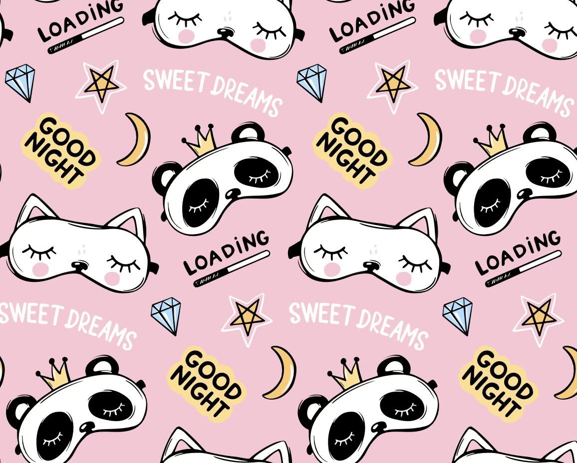 Pink pajama print with sleepy panda and cat masks, moons, stars, diamonds and “Sweet Dreams” and “Good Night” text.