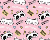 Pink pajama print with sleepy panda and cat masks, moons, stars, diamonds and “Sweet Dreams” and “Good Night” text.