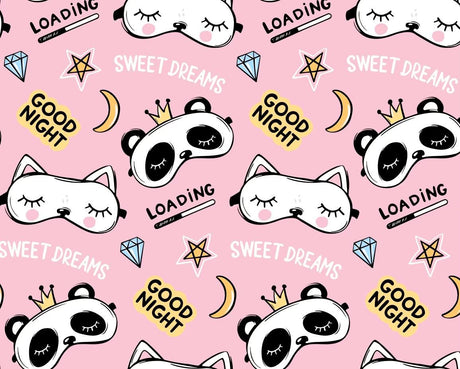 Pink pajama print with sleepy panda and cat masks, moons, stars, diamonds and “Sweet Dreams” and “Good Night” text.