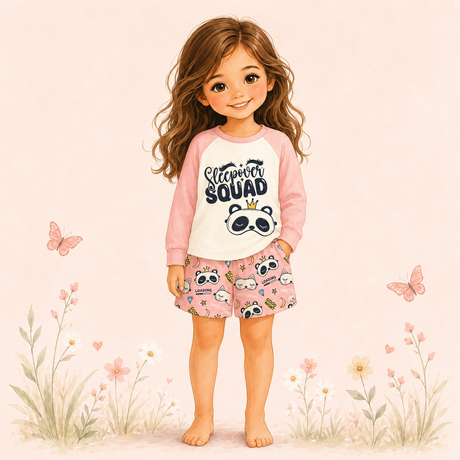 Illustrated girl wearing a pink Sleepover Squad pajama set with a panda graphic top and printed shorts.