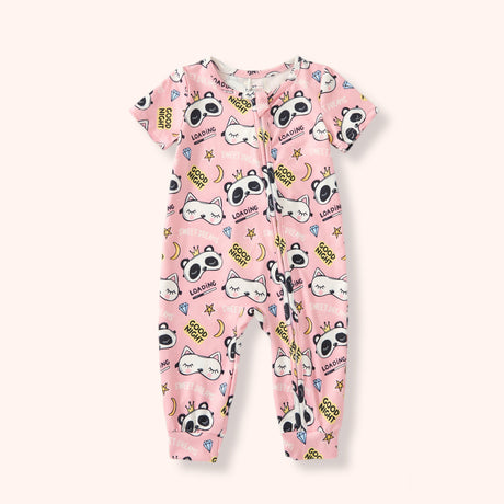 Pink short-sleeve zip pajama romper with cuffed ankles, pandas, sleepy cats, moons, stars, diamonds and “Good Night” print.