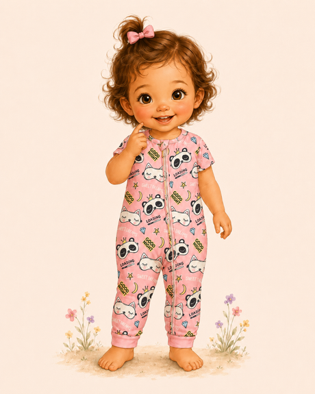Illustrated toddler in a pink short-sleeve panda-and-kitty pajama romper, smiling barefoot among tiny pastel flowers.