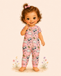Illustrated toddler in a pink short-sleeve panda-and-kitty pajama romper, smiling barefoot among tiny pastel flowers.