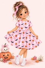 A storybook character girl with curly brown hair in a pink bow wears a pink Halloween dress with a pumpkin, bat, ghost, and bow pattern. She stands in a stylized scene with stacked pumpkins, autumn leaves, and white sneakers against a soft pink background.