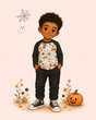 Storybook boy wearing a peach Halloween raglan tee with black sleeves, ghosts, pumpkins, candy and “BOO” print.