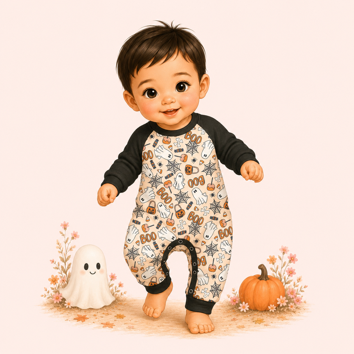 Storybook baby boy wearing a peach Halloween raglan romper with ghosts, candy, pumpkins and black sleeves.