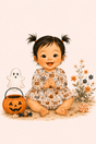 Storybook baby girl wearing a peach skirted Halloween bubble with ghosts, pumpkins, candy, webs and “BOO” print.