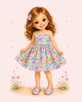 Illustrated brown-haired girl in a mint floral sundress with purple shoes on a blush background with flowers.