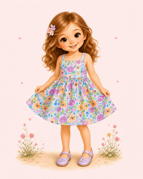 Illustrated brown-haired girl in a mint floral sundress with purple shoes on a blush background with flowers.