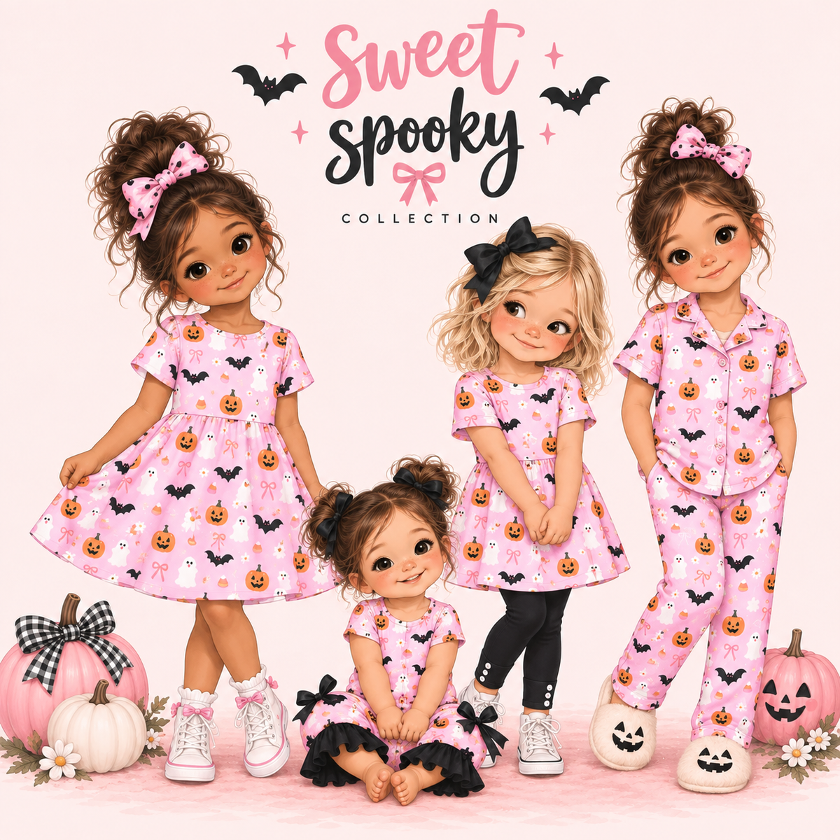 Four storybook illustrated children modeling matching pink Halloween-themed pajamas and dresses with a pumpkin and bat print, posed with pumpkins and a decorative 'Sweet Spooky Collection' sign on a light pink background.