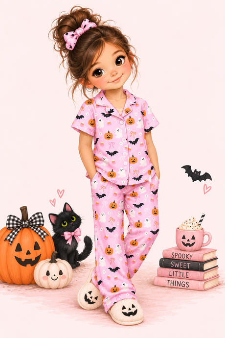A storybook character girl stands in a pink room wearing a pink pajama set with a Halloween print of pumpkins, bats, and ghosts. She is styled with a pink bow in her hair, next to a jack-o'-lantern, a black cat, and a stack of books with a pink mug on top.