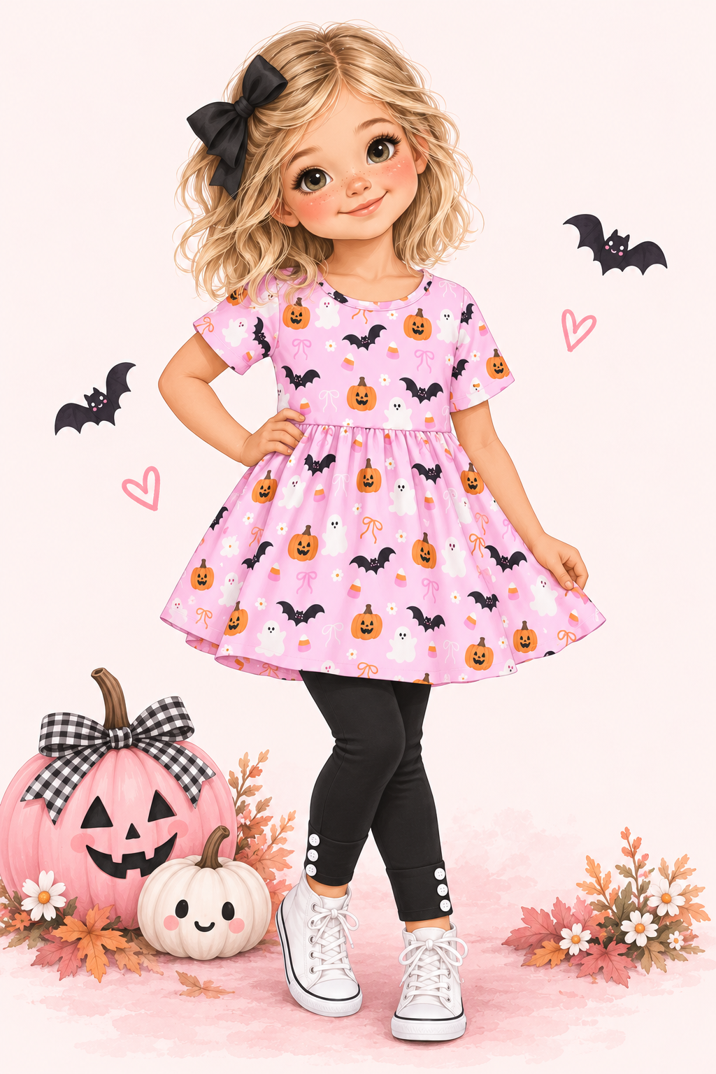 A storybook character with blonde hair and a black bow is wearing a pink short-sleeve dress with a Halloween print of pumpkins, bats, and ghosts, paired with black leggings and white sneakers. She is posed with jack-o'-lanterns and autumn leaves on a soft pink background decorated with floating bats and hearts.