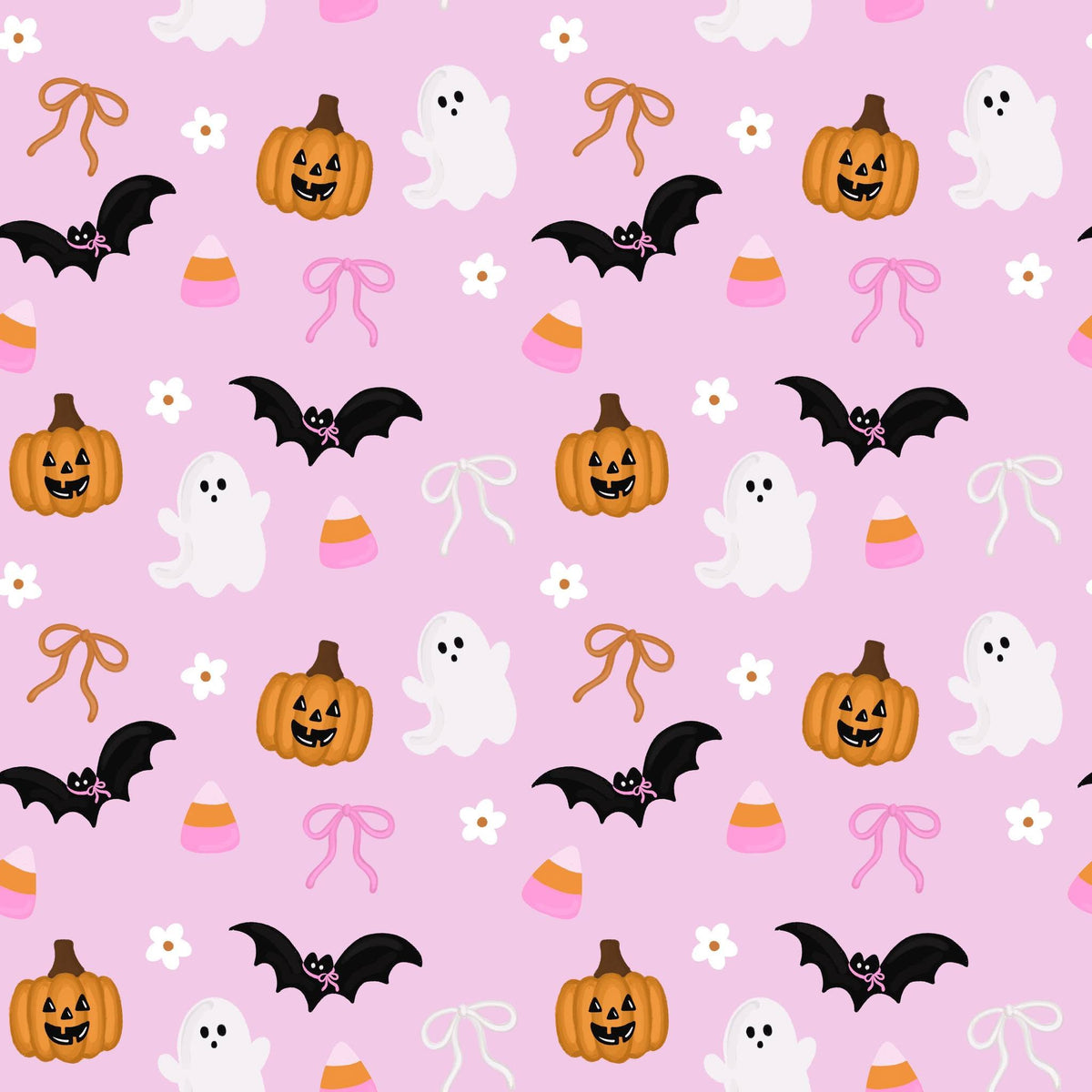 Halloween-themed pattern with pumpkins, ghosts, bats, and candy on a pink background.