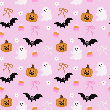 Halloween-themed pattern with pumpkins, ghosts, bats, and candy on a pink background.