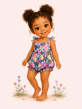 Illustrated toddler modeling a bright floral baby bubble romper with tie shoulders, gathered waist, ruffle leg trim and bare feet.