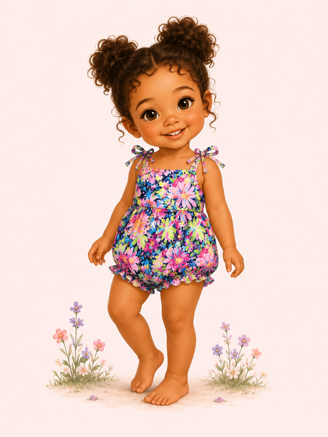 Illustrated toddler modeling a bright floral baby bubble romper with tie shoulders, gathered waist, ruffle leg trim and bare feet.