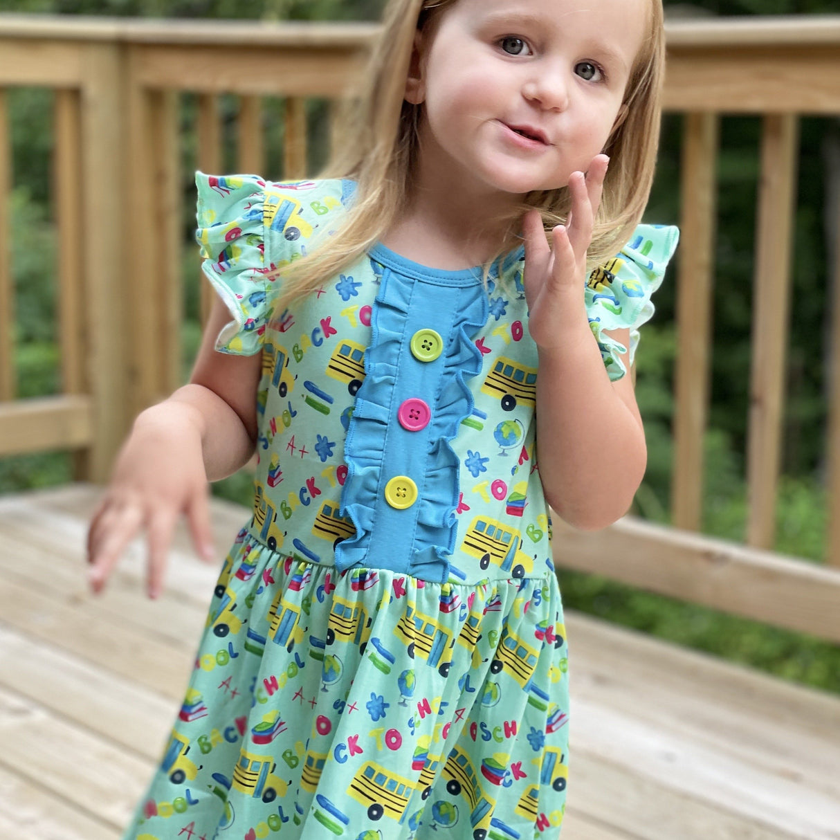 Back to School Yellow Bus Flutter Sleeve Dress