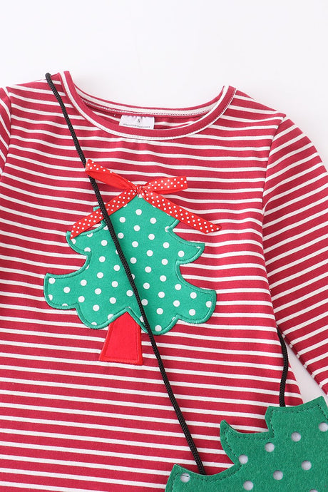Red Striped Christmas Tree Applique Dress