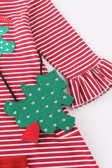 Red Striped Christmas Tree Applique Dress