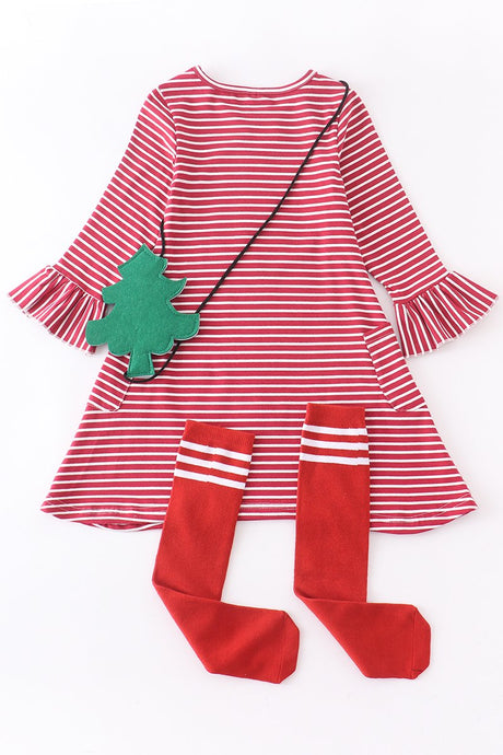Red Striped Christmas Tree Applique Dress