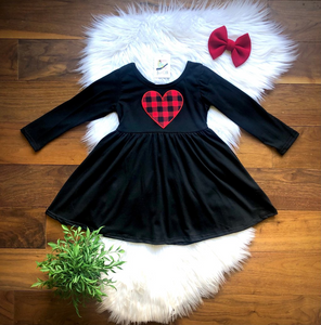 Buffalo Plaid Heart Embroidered Twirl Dress by Twocan