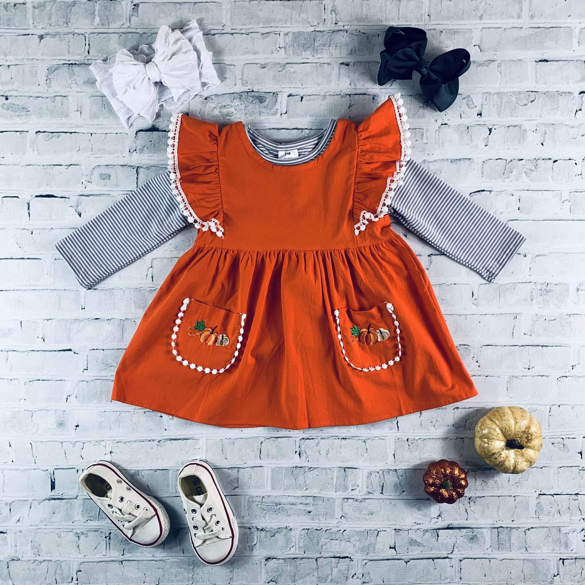Orange Pumpkin Embroidery 2pc Dress