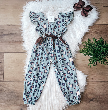 Teal Leopard V-Back Jumpsuit by Wellie Kate