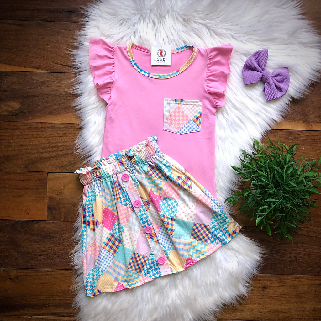 Patchwork & Pink Skirt Set by Wellie Kate
