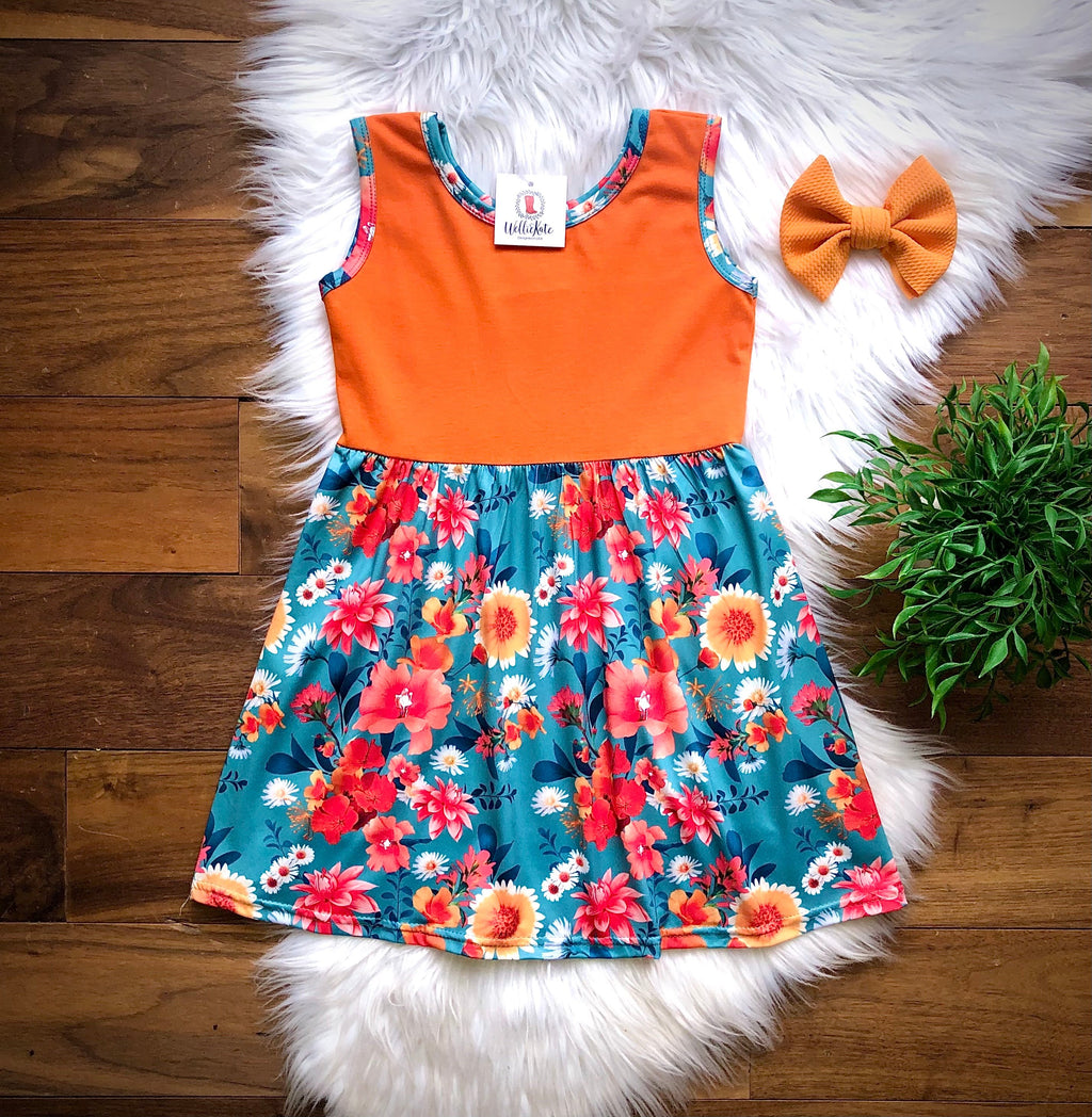 Teal and Orange Tropical Sleeveless Pocket Dress by Wellie Kate