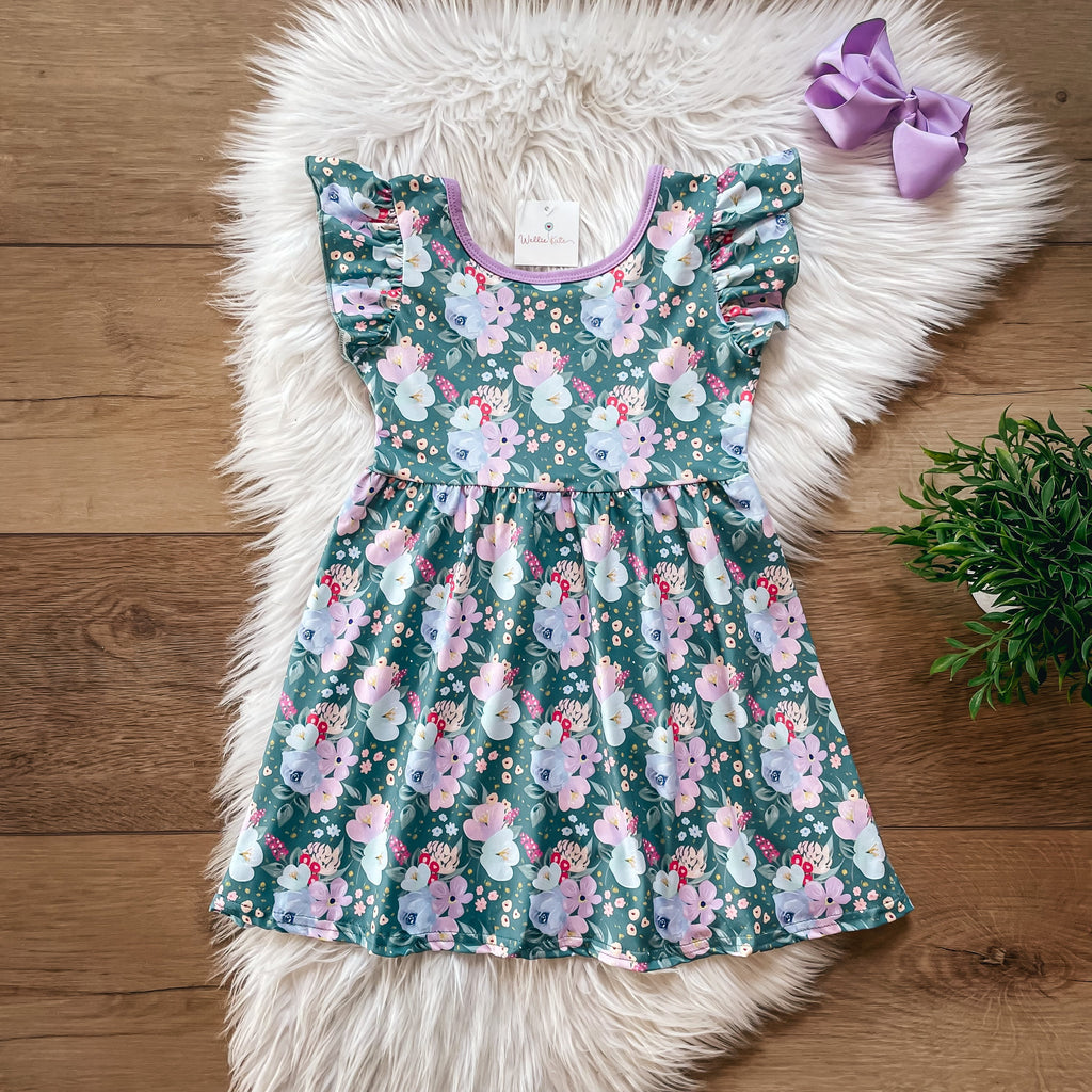 Green Floral Bow In the Back Dress by Wellie Kate