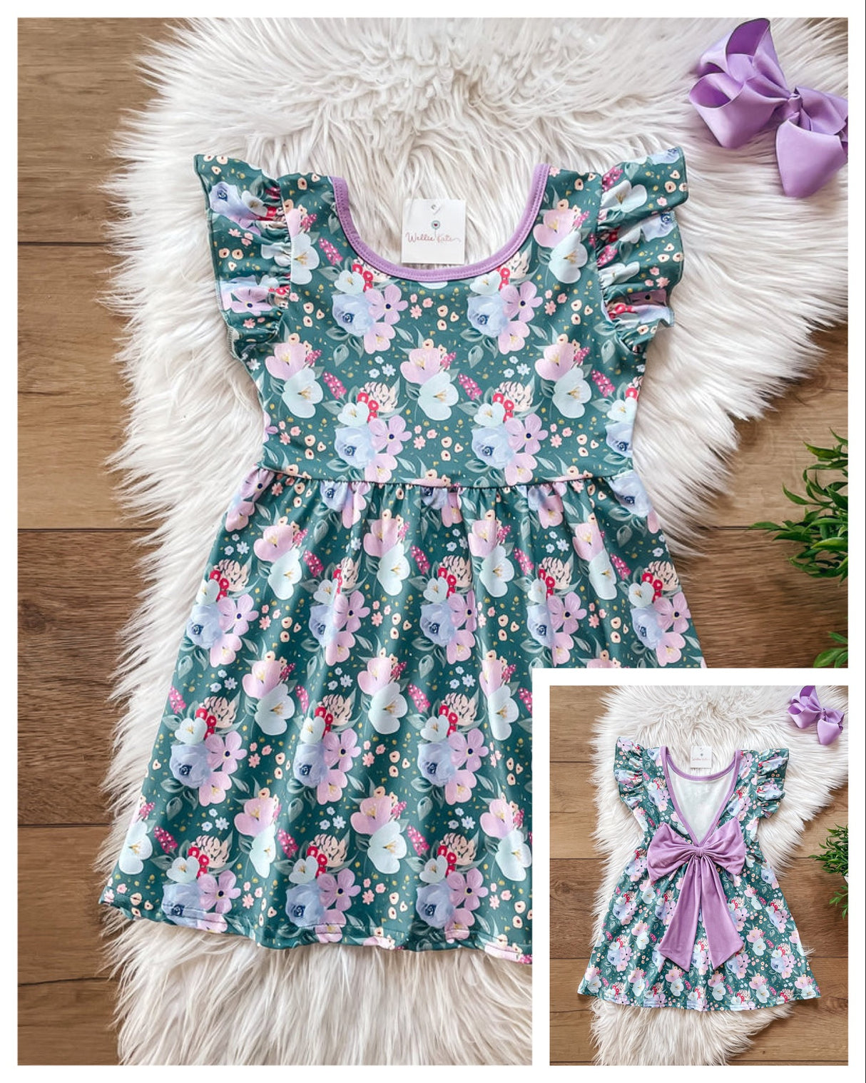 Green Floral Bow In the Back Dress | Wellie Kate