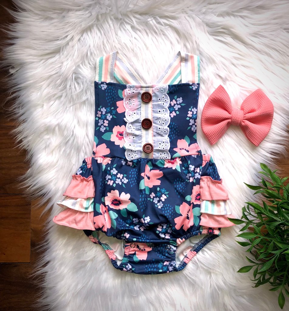 Navy + Pink Floral Bubble Romper - Whim & Wonder Boutique